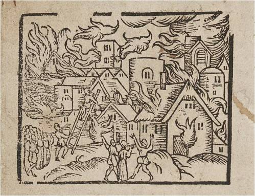 Woodcut from ‘A brief sonnet declaring the lamentation of Beckles, a Market Town in Suffolk’, which describes the fire of 1586.
